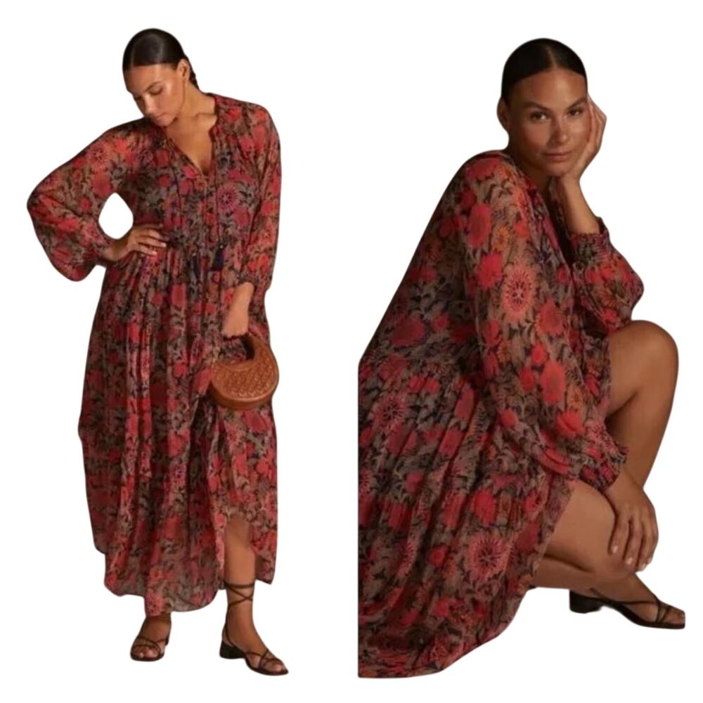 Anthropologie The Marais Printed Chiffon Maxi Dress XS Red Orange Blue